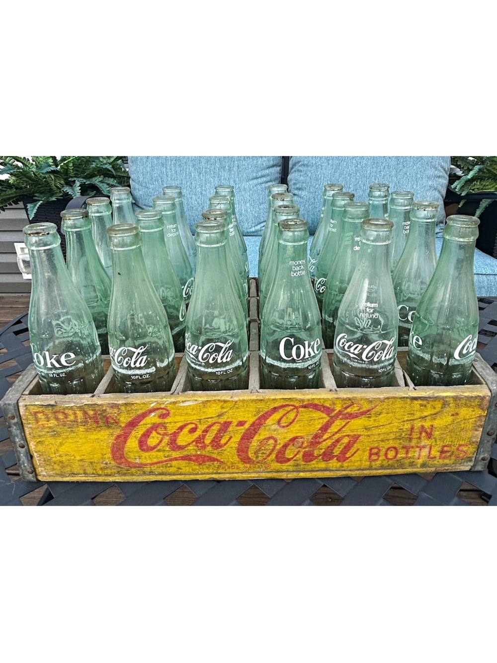 Coca Cola Yellow Wooden Crate with 24 Glass Bottles (10oz). Very sturdy crate.